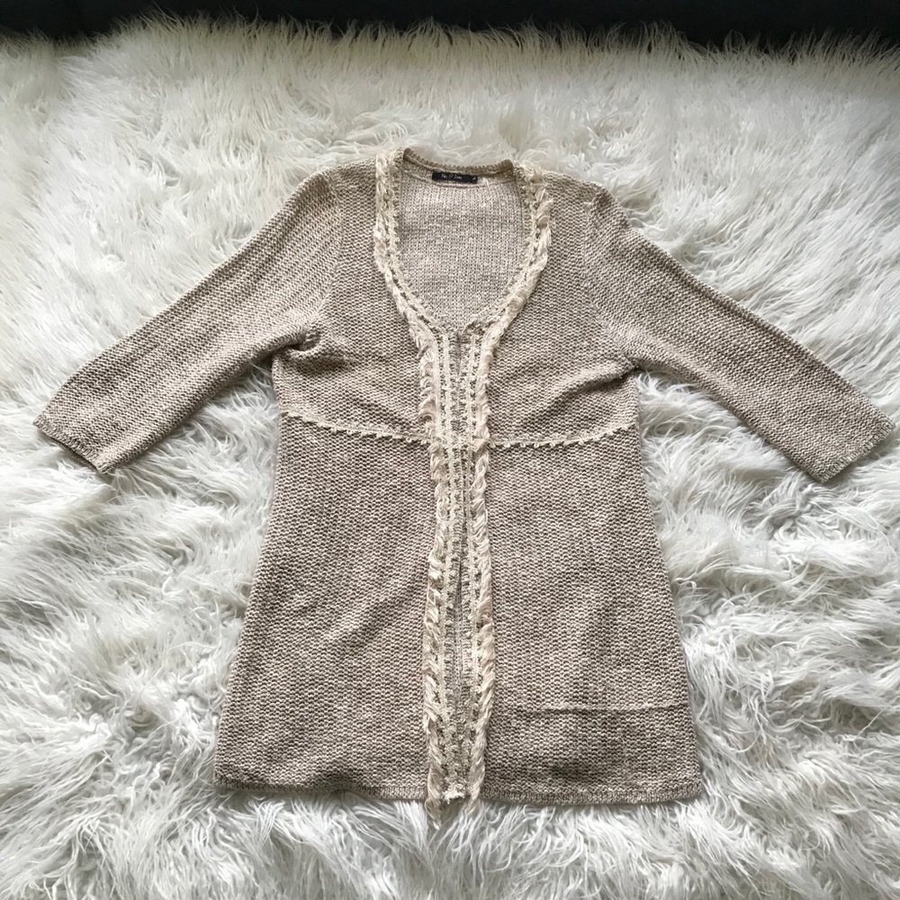 nic+zoe cream loose‎ knit fringe cardigan sweater